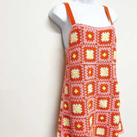 Zara Womens Bloggers Fave Orange Pink Crochet Knit Mini Dress Size Small - Picture 4 of 11